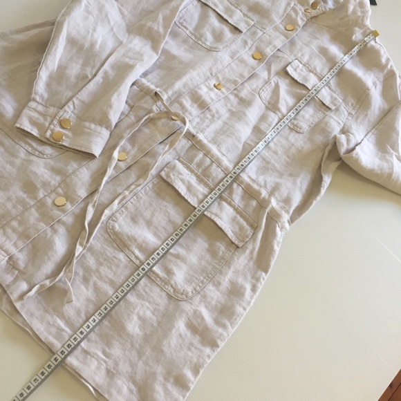 JONES NEW YORK linen womens L long line draw string jacket oatmeal gold tone NEW - Picture 11 of 16